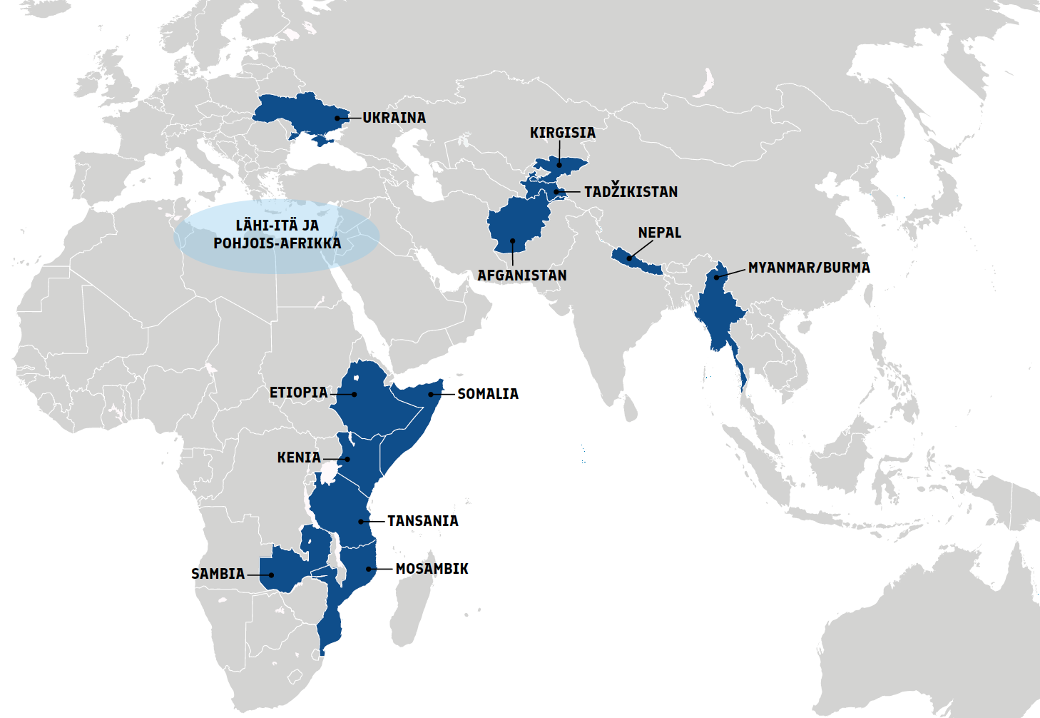 Kartta, johon on merkitty Suomen kumppanimaat: Ukraina, Etiopia, Somalia, Kenia, Tansania, Mosambik, Sambia, Afganistan, Kirgisia, Tadzhikistan, Nepal ja Myanmar.