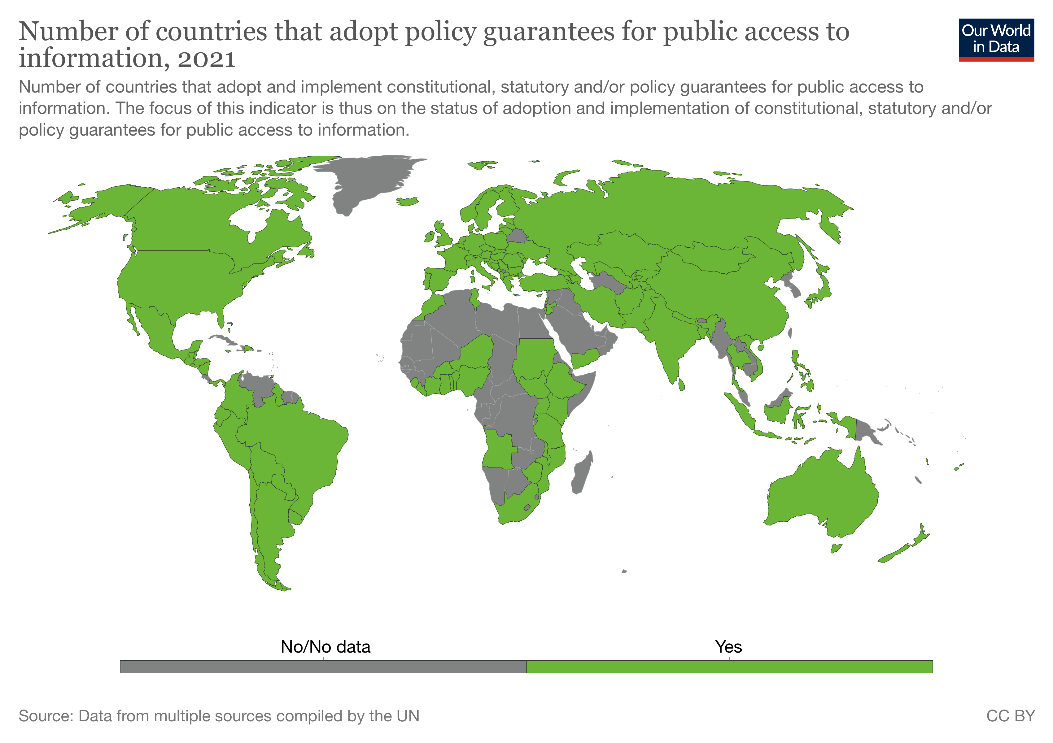 Kartta, jossa värjätty vihreäksi maat, jotka takaavat oikeuden tietoon. Harmaat maat lähinnä Afrikassa ja Aasiassa.