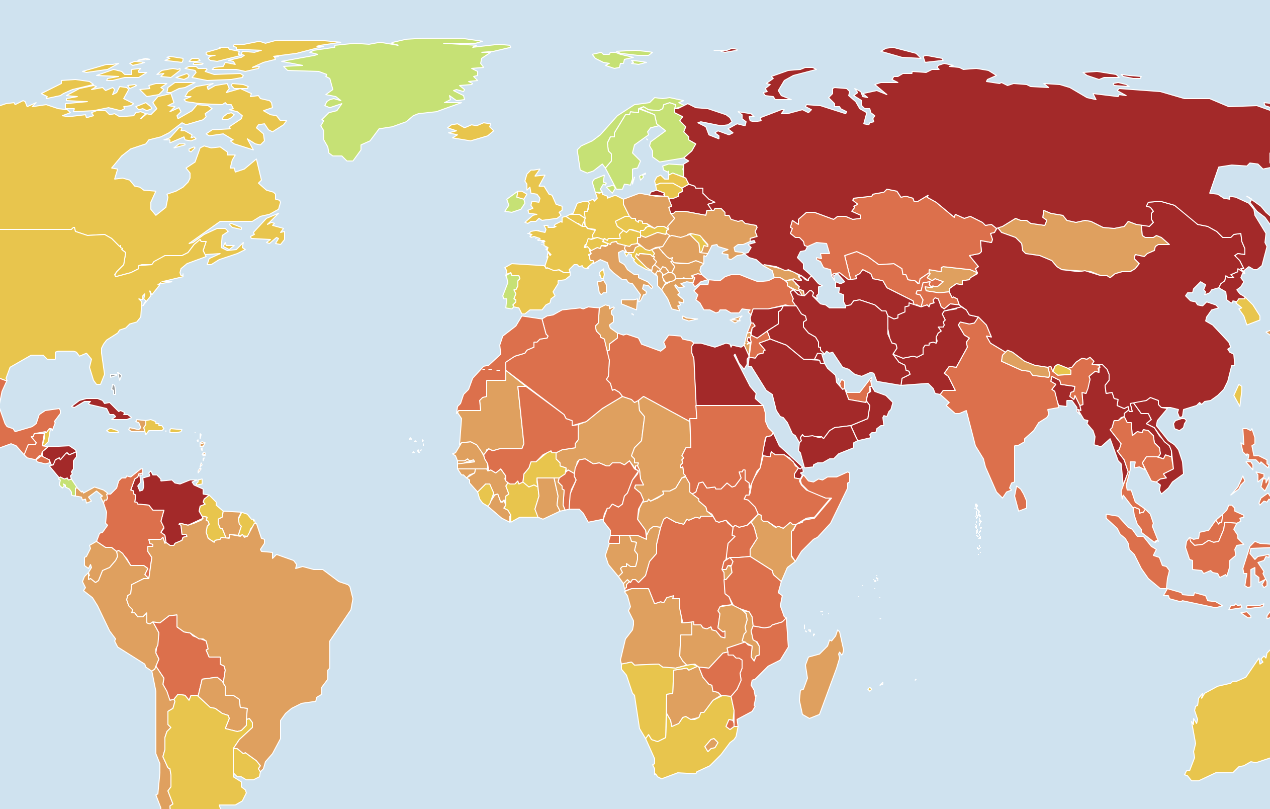 Kartta, jossa maat on väritetty lehdistönvapauden asteen mukaan