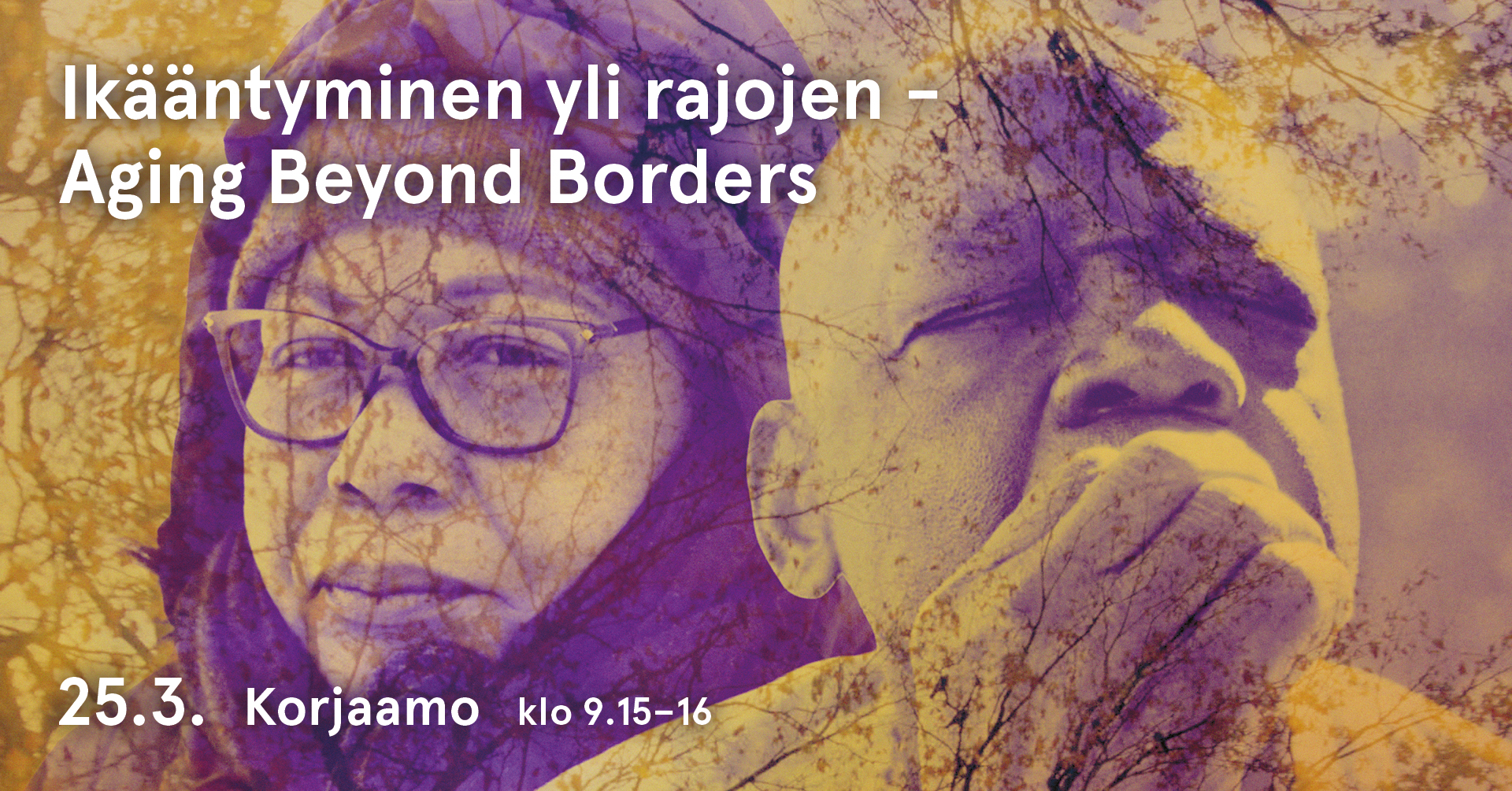 Ikääntyminen yli rajojen banneri, jossa kaksi ikääntynyttä henkilöä.